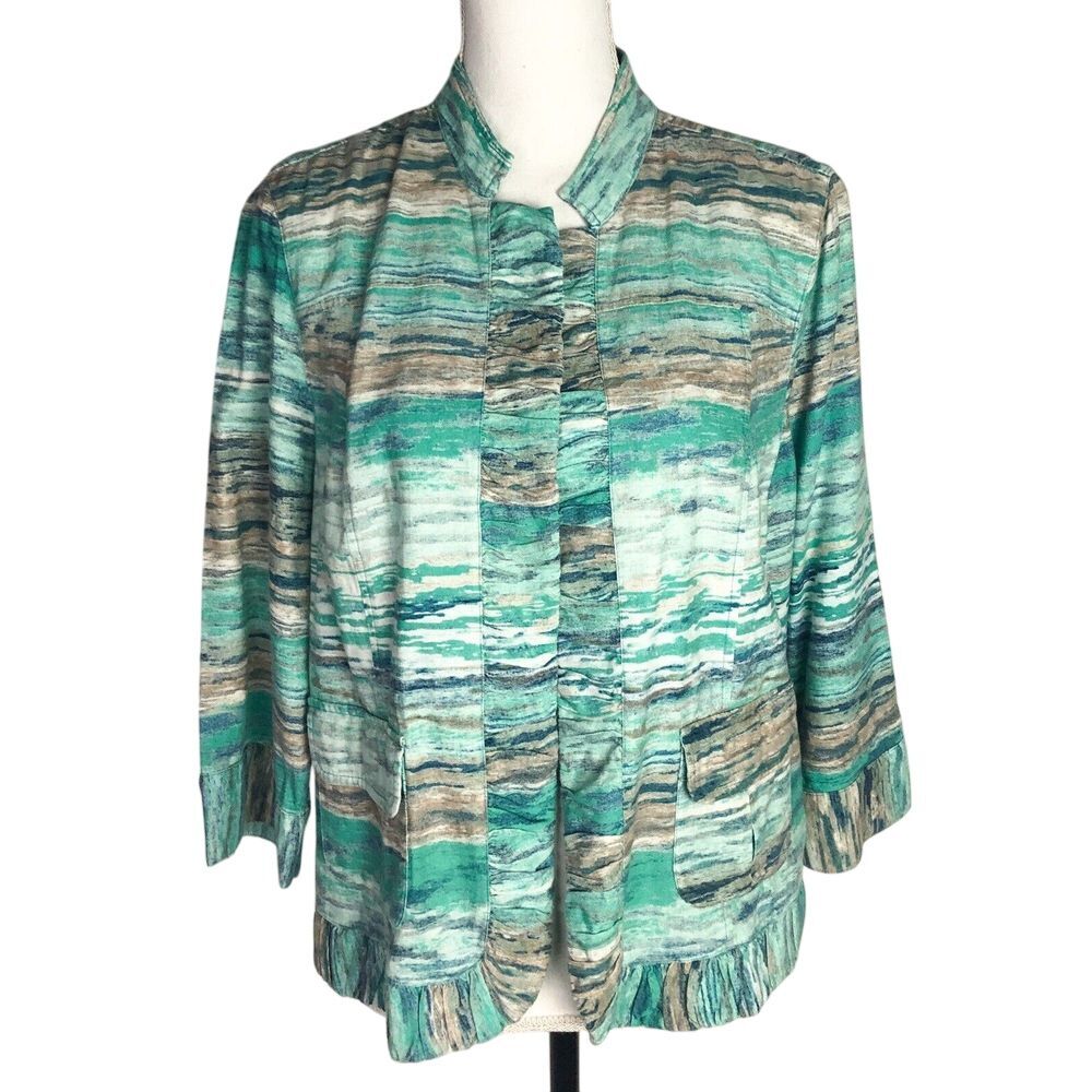 Chico's Woman Jacket Size 2 Open Front‎ Ruffle Green Striped Career